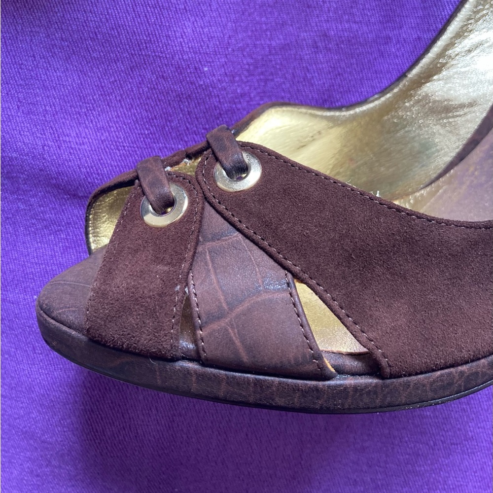 ESCADA Brown Leather Peep Toe Heels Size 38 - Picture 4 of 7